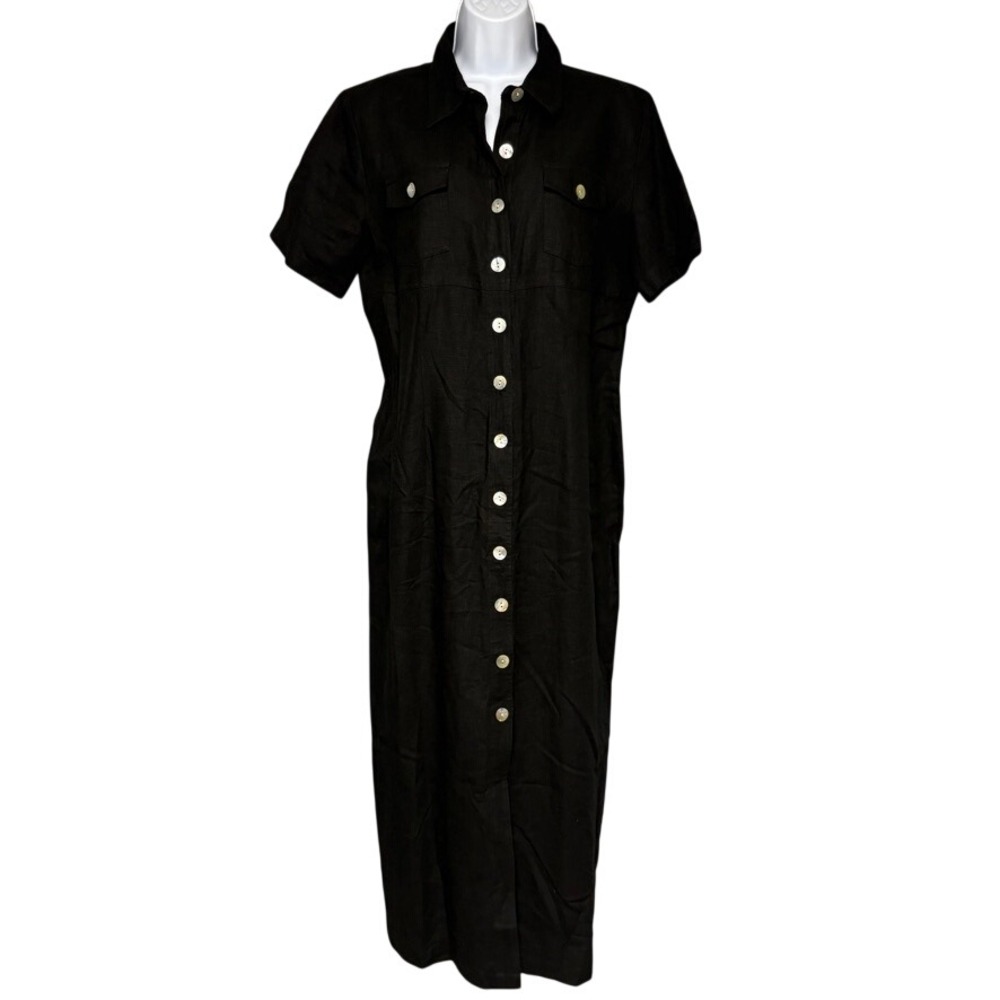 Black Linen Blend Button Front Beachy Resortwear Safari Maxi Shirt Dress Sz 12
